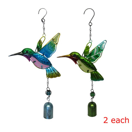 Set of 4 colorful stained glass hummingbirds on a metal hanger with bell, perfect for garden decor.