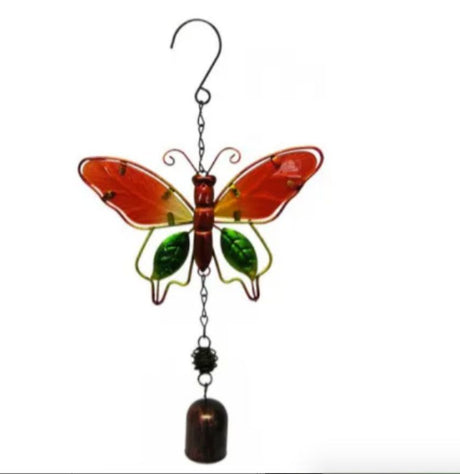 Vibrant orange stained glass butterfly garden ornament with intricate metal details, measuring 30 x 17 cm.