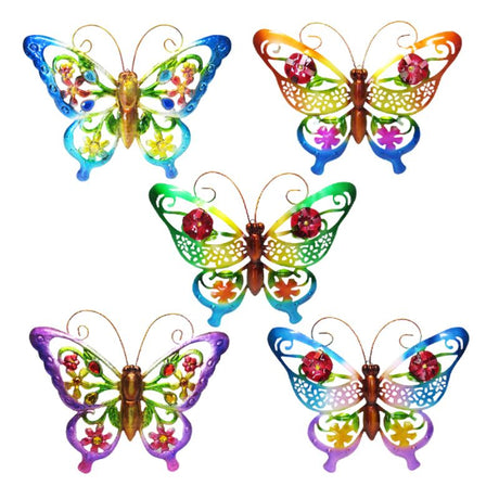 Set of 5 vibrant aluminum butterfly wall art pieces, ideal for indoor and outdoor decor, each measuring 36 x 29 cm.