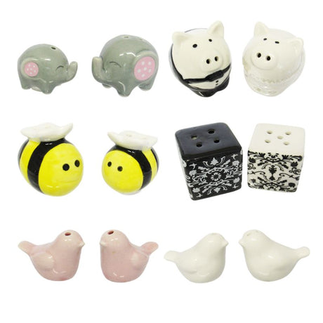 Six assorted sets of elegant salt and pepper shakers in decorative gift boxes with ribbon, perfect for any table setting.