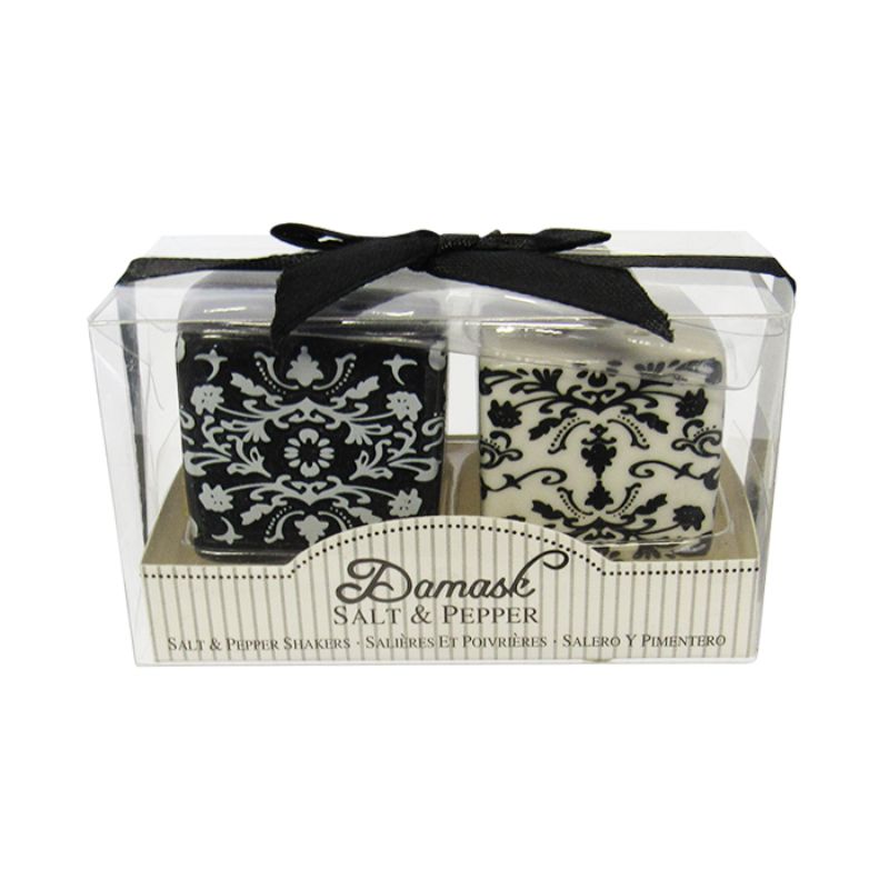 Elegant damask-patterned salt and pepper shakers, perfect for enhancing table decor and dining experiences.