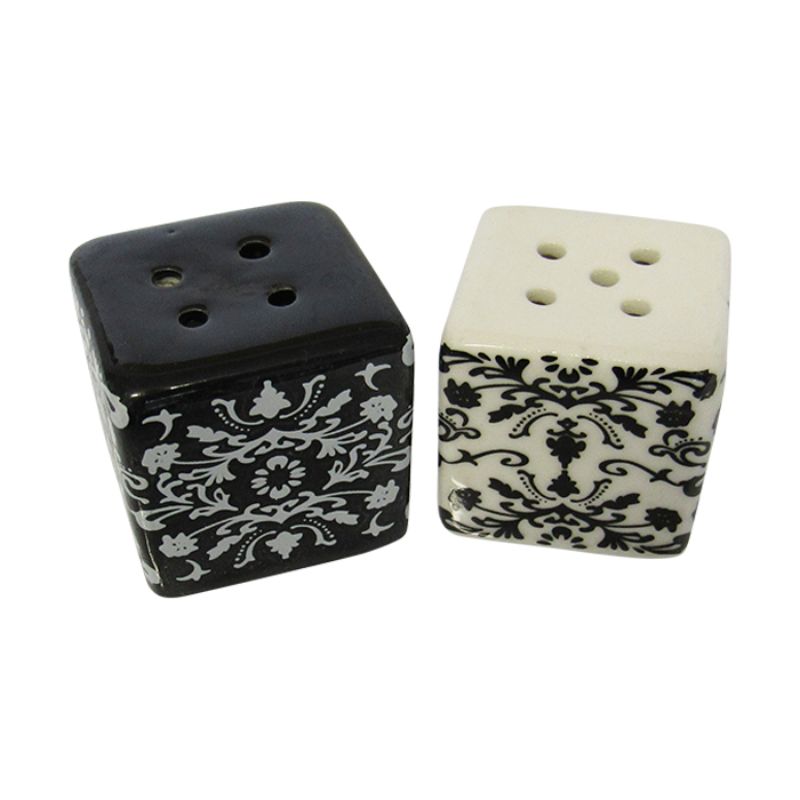 Elegant Damask salt and pepper shakers set in gift box, perfect for enhancing dining decor and functionality.