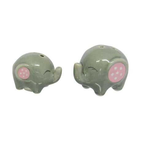 Charming elephant salt and pepper shakers, crafted from ceramic, perfect for adding whimsy to dining tables.