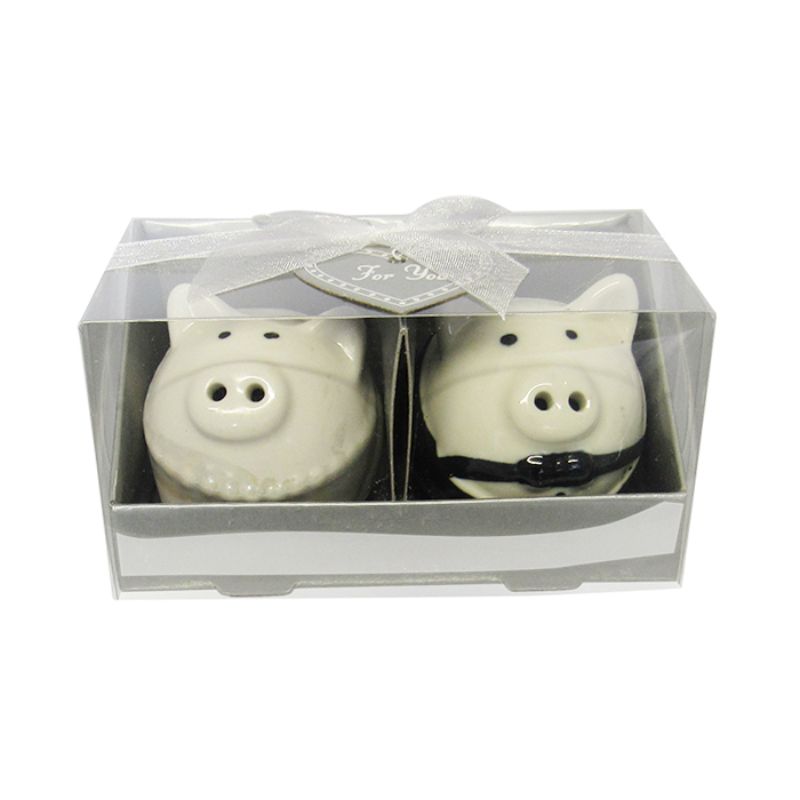 Adorable groom and bride pig salt and pepper shakers in a gift box, perfect for weddings and quirky dinners.