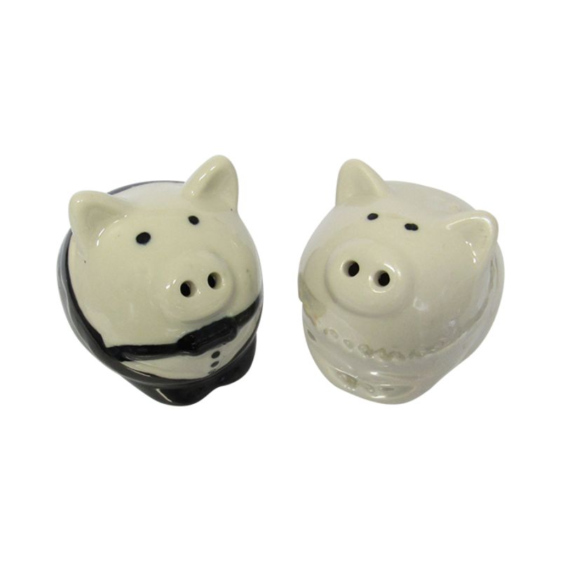 Adorable groom and bride pig salt and pepper shakers in gift box, perfect for weddings and quirky dinner parties.