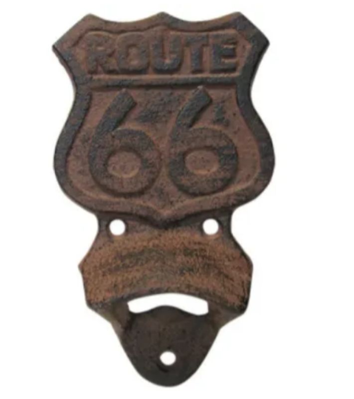 Durable cast iron Route 66 bottle opener, 13 cm, perfect for effortlessly opening drinks with a nostalgic touch.