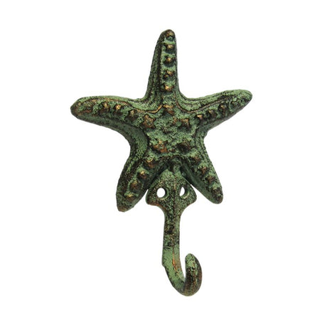 Cast iron starfish wall hook, 13cm, perfect for coastal decor and hanging towels or keys.