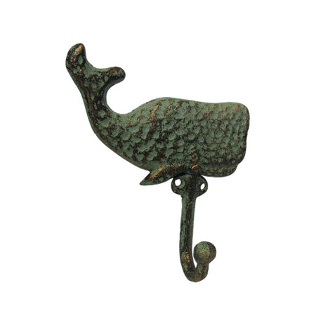 Nautical-themed cast iron whale hook, 14cm, perfect for hanging keys, towels, or coats, adding coastal charm to home decor.
