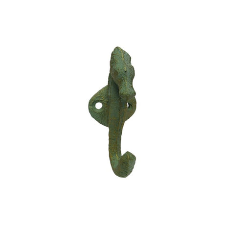 Durable 9cm cast iron seahorse hook, perfect for hanging coats or towels with coastal charm.