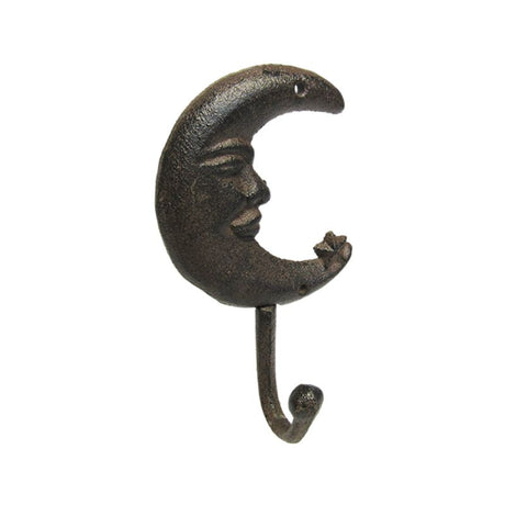 Whimsical cast iron moon hook, 16cm, perfect for hanging coats or keys while enhancing home decor.