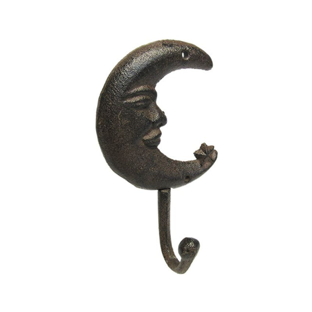 Whimsical cast iron moon hook, 16cm, perfect for hanging coats or keys while enhancing home decor.