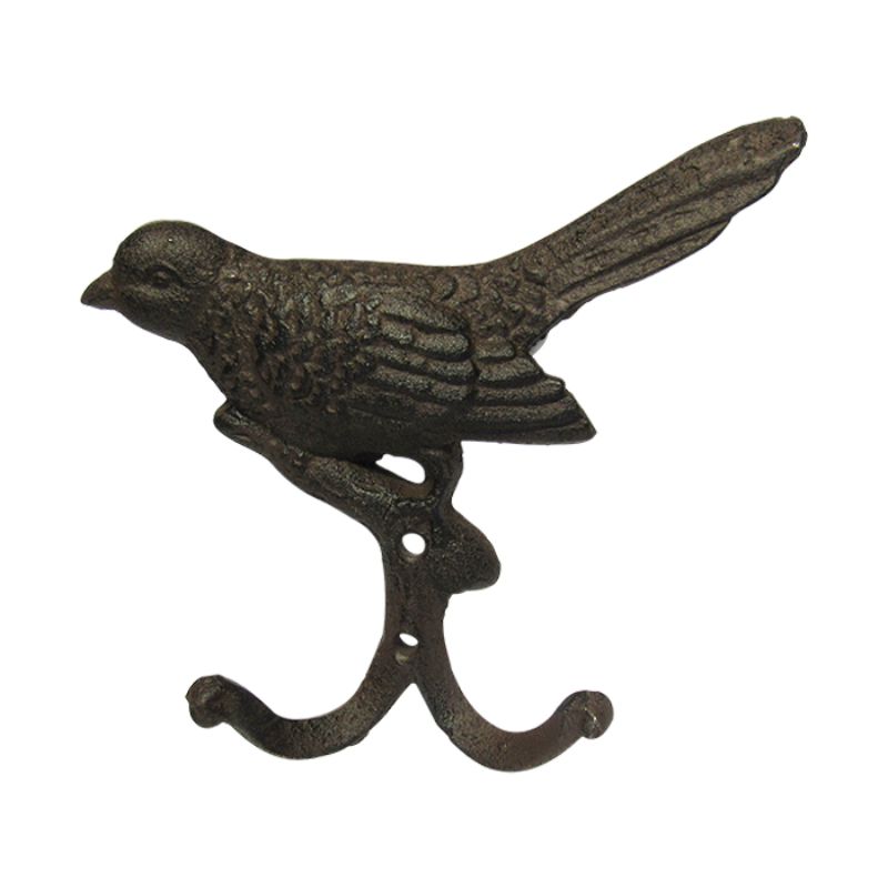 Charming 16cm cast iron bird double hook hanger, perfect for rustic home décor and practical storage solutions.