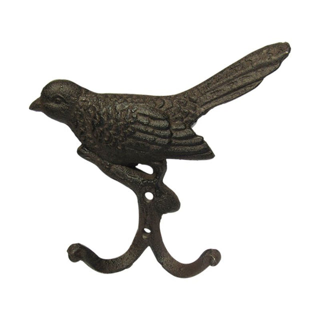 Charming 16cm cast iron bird double hook hanger, perfect for rustic home décor and practical storage solutions.
