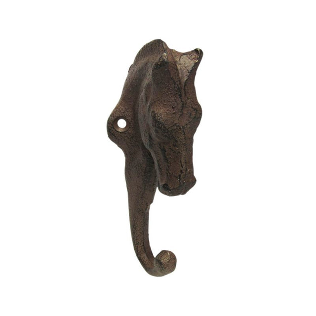 Small cast iron horse head hook, 14.5 x 6 cm, ideal for rustic home decor and practical hanging needs.