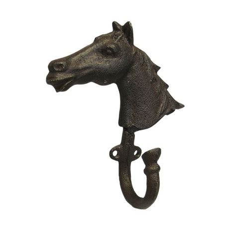 Medium cast iron horse head hook for wall mounting, ideal for hanging coats or keys with rustic charm.