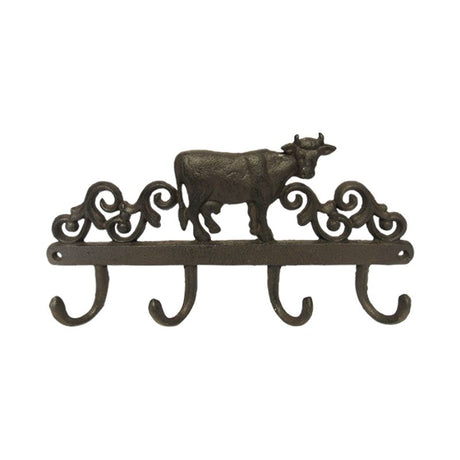 Large cast iron cow hanger, 34cm, combines rustic charm with functionality for coats and kitchen items.