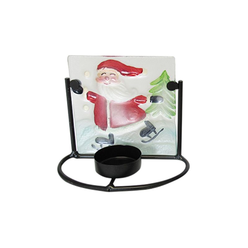 Glass stained Santa tealight holder in black metal, 13.5 cm long, adds festive charm and warm glow to your Christmas décor.
