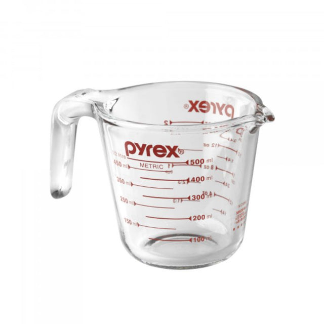 Pyrex 2 Cup measuring jug in tempered glass with ergonomic handle, easy-to-read red measurements for precision cooking.