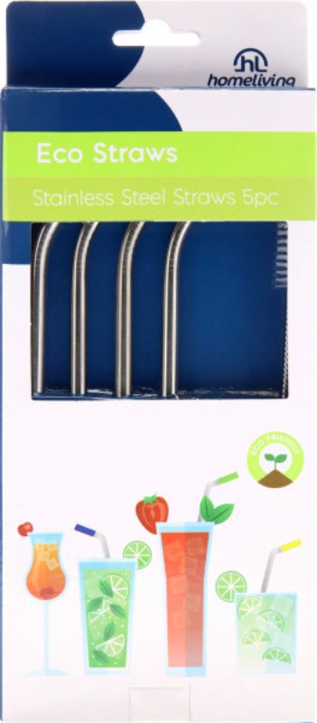 Set of 5 eco-friendly stainless steel drinking straws with silicone tips for durability and hygiene.