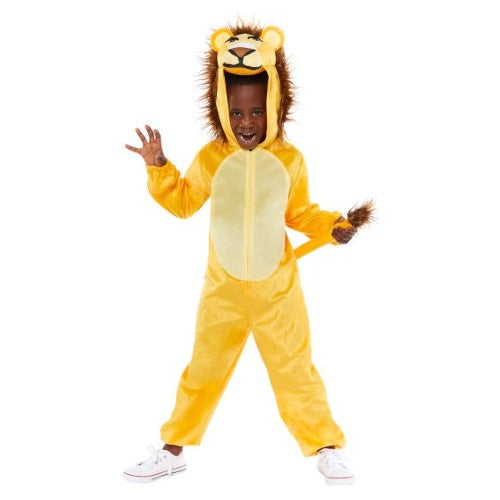 Cozy lion onesie for kids 8-10, featuring a vibrant hood with ears and a playful Velcro tail for dress-up fun.