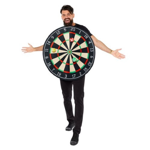 Standard size dartboard tabard with three balls for costume play or themed events.