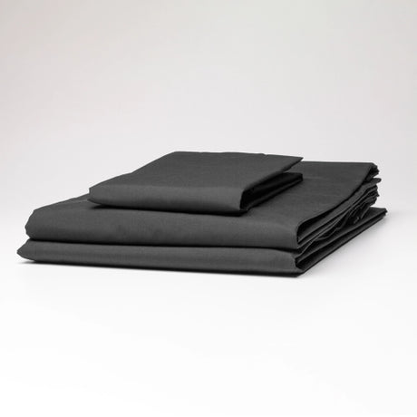 Charcoal fitted short skirt sheet set in durable 220TC percale weave, combining comfort with wrinkle-free maintenance.