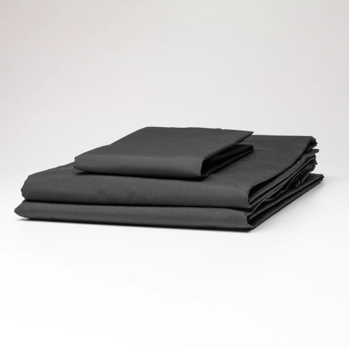 Charcoal fitted short skirt sheet set in durable 220TC percale weave, combining comfort with wrinkle-free maintenance.