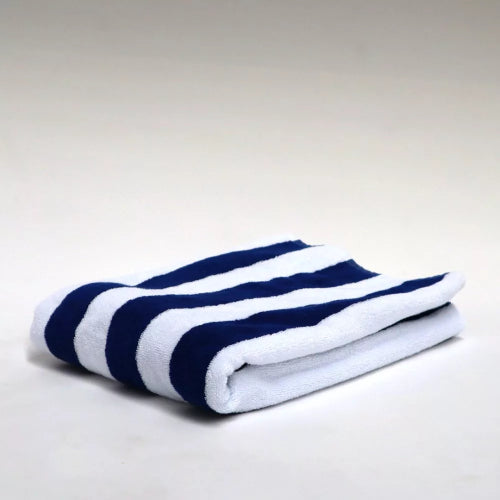 Navy and white striped pool towel, 100% combed cotton, soft, absorbent, durable, 75cm x 150cm, stylish for summer fun.