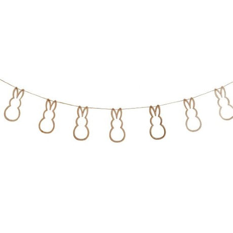 Whimsical Hey Bunny Wooden Bunting with 8 bunny cutouts, perfect for festive celebrations and eco-friendly decor.