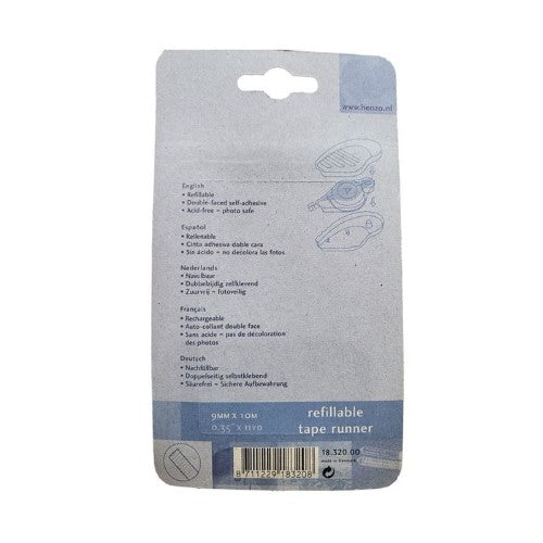 Henzo Taperunner 10m refillable photo tape runner with 9mm wide tape, perfect for scrapbooking and picture framing.