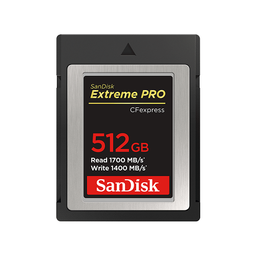 SANDISK EXTREME PRO CFEXPRESS 512GB card with 1700MB/s read speeds, ideal for high-resolution RAW 4K video capture.