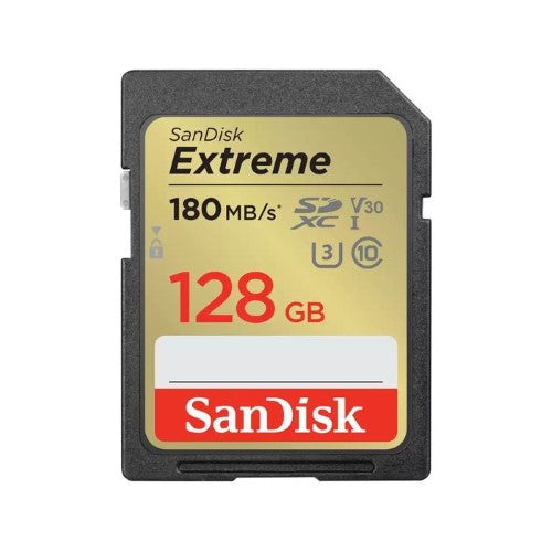 SanDisk Extreme SDXC 128GB memory card, ideal for 4K UHD video, with speeds up to 180MB/s and built for durability.