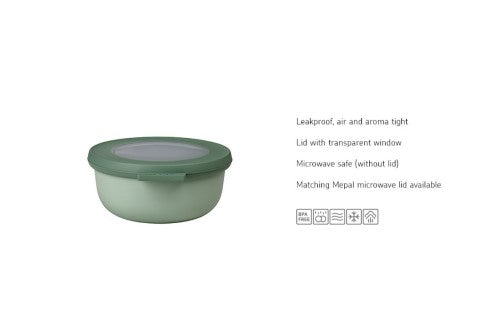 Mepal Cirqula Round 350ml bowl in Nordic Sage, airtight, stackable, microwave-safe, ideal for food storage and meal prep.