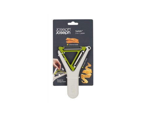 Joseph Joseph Switch 2in1 Peeler with stainless-steel blades for straight and Julienne peeling, featuring an ergonomic design.