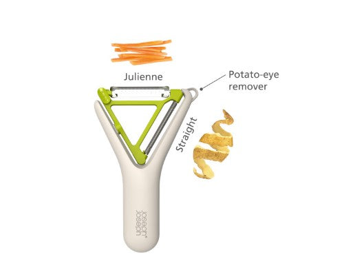 Joseph Joseph Switch 2in1 Peeler featuring stainless-steel blades; rotate for straight or Julienne cutting, with potato-eye remover.