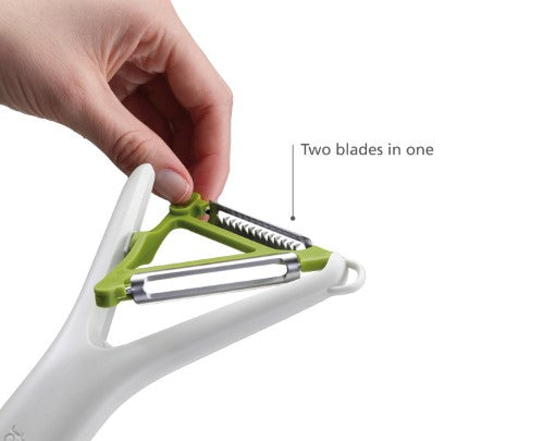 Joseph Joseph Switch 2in1 Peeler with ergonomic design, featuring straight and Julienne blades for versatile food prep.