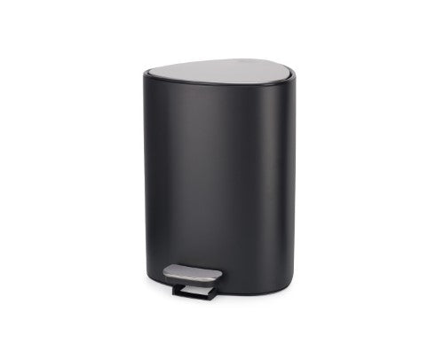 Easystore 5L Pedal Bin in Matte Black with soft-close lid, steel body, and rear pocket for liner storage.