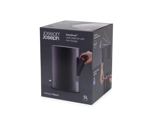 Easystore 5L Pedal Bin by Joseph Joseph in matte black, featuring a soft-close lid and a rear pocket for bin liners.