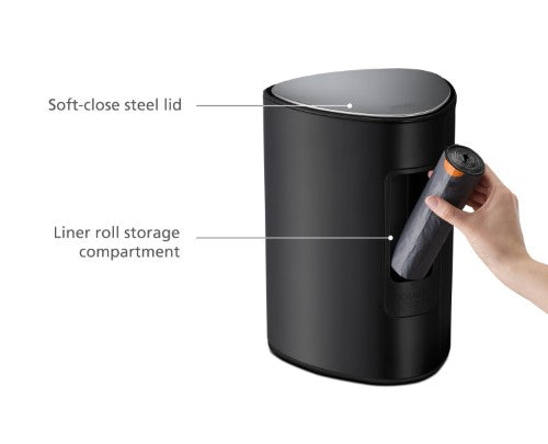 Easystore 5L Pedal Bin in matte black with soft-close lid, removable inner bucket, and rear pocket for liner storage.