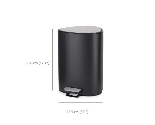 Easystore 5L Pedal Bin in matte black with steel body, rear pocket for liners, and soft-close lid for easy waste disposal.
