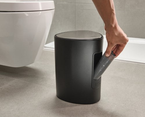 Easystore 5L Pedal Bin in matte black with a soft-close lid, rear pocket for liners, and removable inner bucket for easy cleanup.