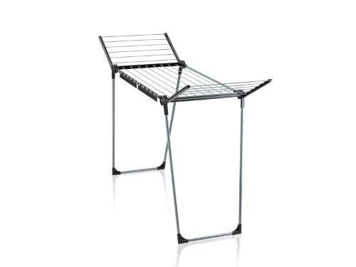 Leifheit Pegasus 150 Slim Standing Dryer in black, featuring 15m drying space and foldable wings for compact storage.