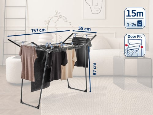 Leifheit Pegasus 150 Solid Slim Black standing dryer with foldable wings, 15m drying line, sturdy legs, and compact design.