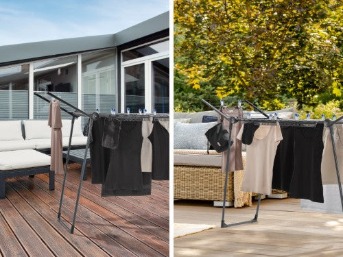 Leifheit Pegasus 150 Standing Dryer in black, offers 15m drying space, foldable wings, and rust-proof design for small spaces.