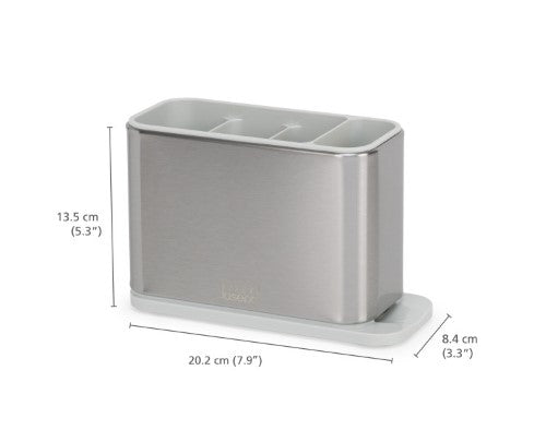 Stainless steel cutlery drainer with three sections for organized drying and integrated spout for easy drainage.