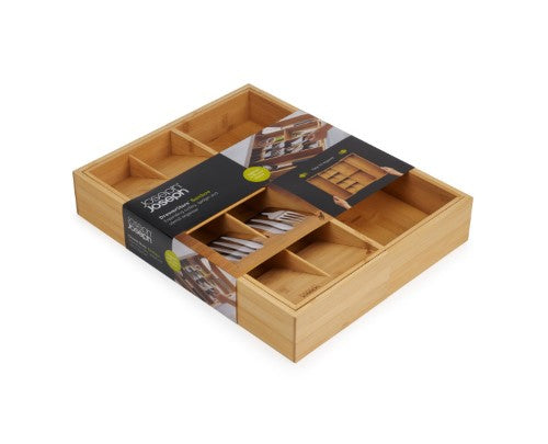 Bamboo drawer organizer with five cutlery compartments, deep gadget storage, and expandable sides for customization.