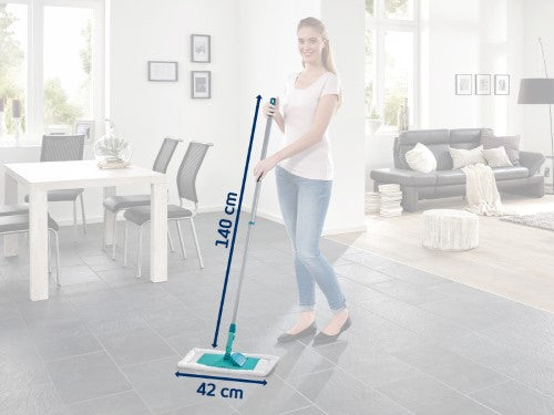 Leifheit Floor Wiper Classic XL Telescope with microfibre cover, adjustable height, and rotating joint for easy cleaning.