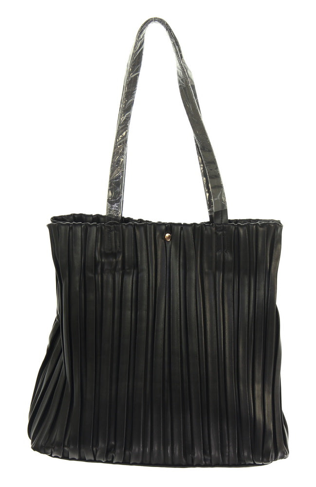 Handbag - Vertical Pleats Tote Bag - BLACK
