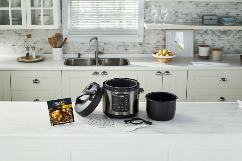 Sunbeam Crock Pot Multi Cooker with 5.7L capacity, 8 appliances in 1, and Easy Release Steam Release Dial for safe cooking.