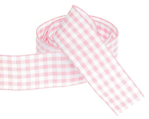 Baby pink gingham ribbon, 25mm wide and 20m long, perfect for crafts, gift wrapping, and special occasions.
